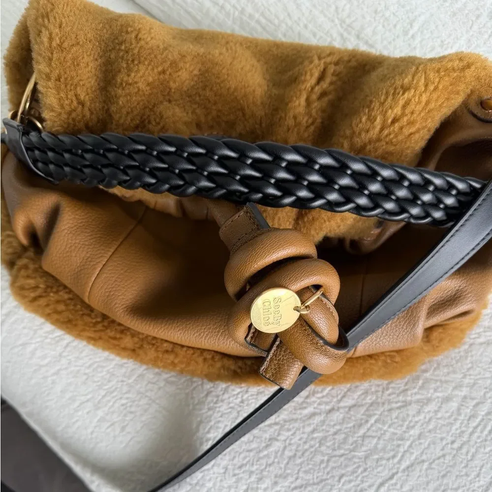 See By Chloe Brown Leather and Shearling handbag with Gold Detail